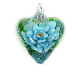Підвіска Серце, 32-27-15мм, Лемпворк, прозоре з блакитною квіткою