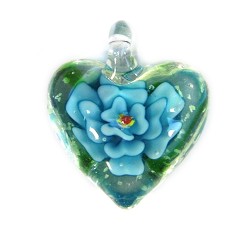 Підвіска Серце, 32-27-15мм, Лемпворк, прозоре з блакитною квіткою